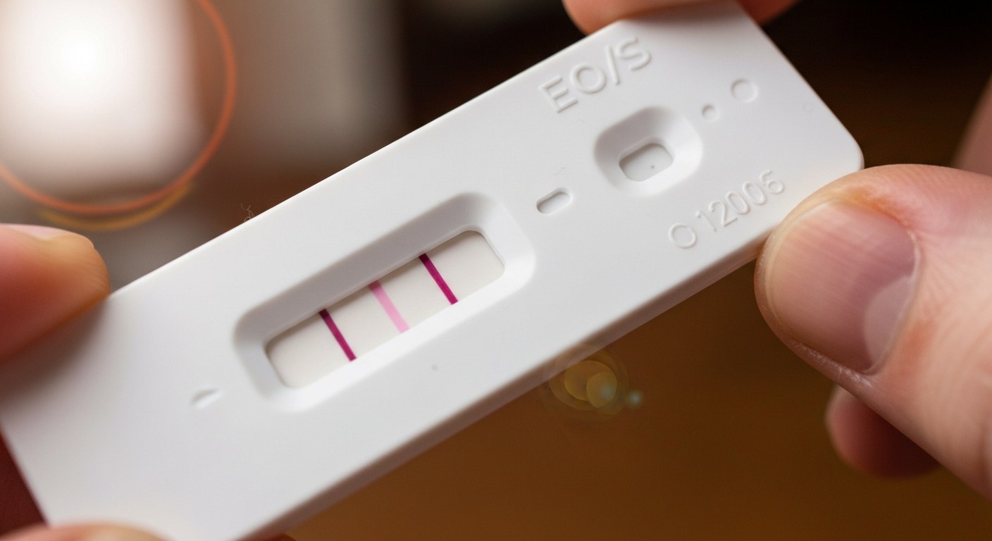 Výsledek domácího testu na celiakii Detailní pohled na kazetu domácího testu se dvěma čárkami indikujícími výsledek, drženou v prstech proti rozmazanému pozadí.