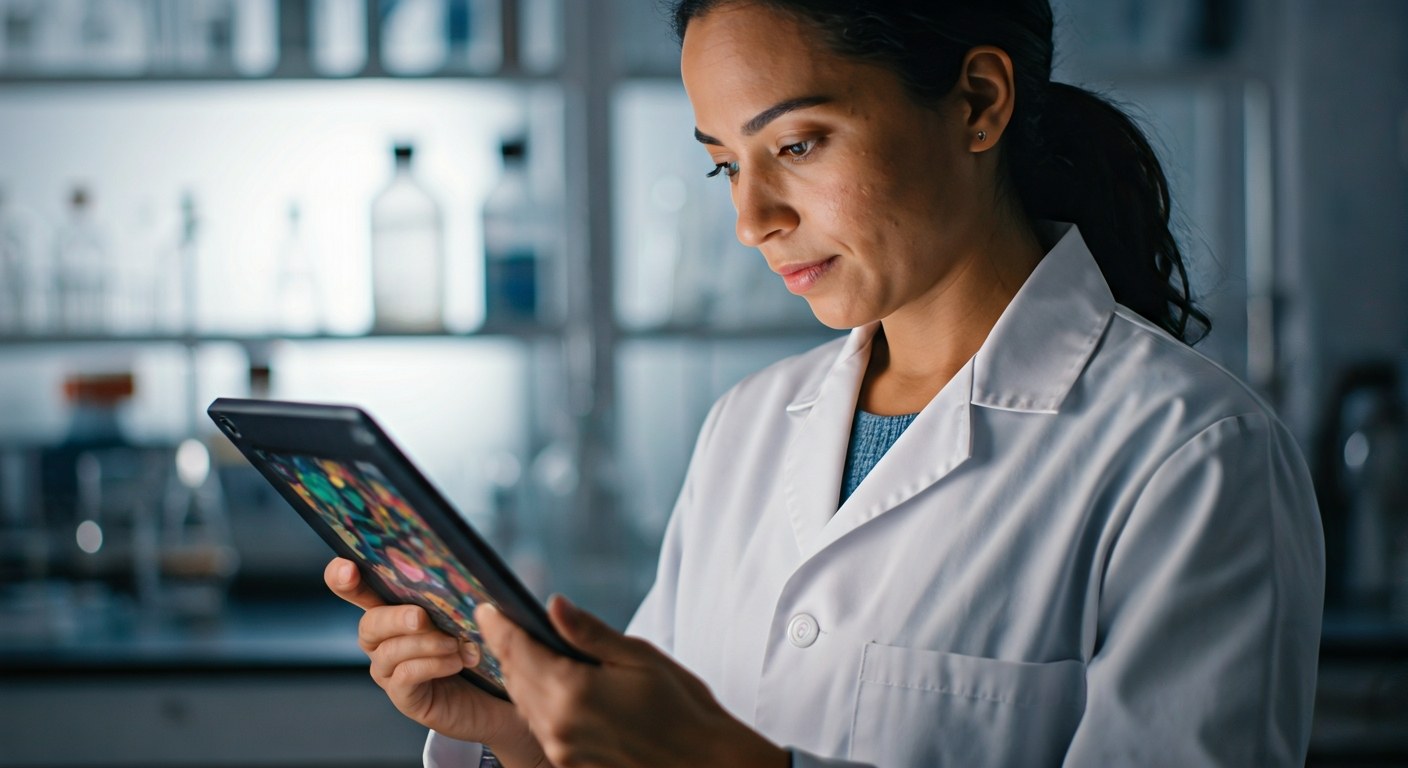 Vědkyně v bílém plášti analyzuje data o střevním mikrobiomu na tabletu v moderní osvětlené laboratoři.