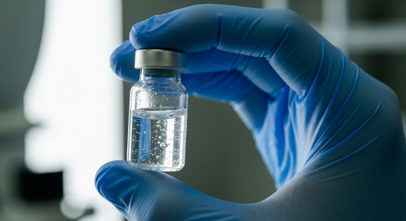 Ruka vědce v rukavici držící skleněnou lahvičku s vyvíjeným lékem v moderním laboratorním prostředí.