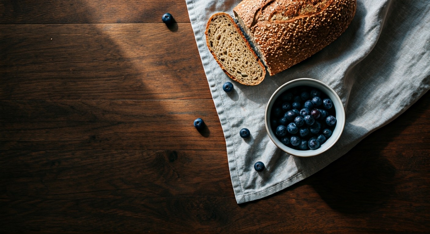 Pohled shora na bezlepkovou snídani s pečivem, miskou ovoce a bylinkovým čajem na lněném ubruse.