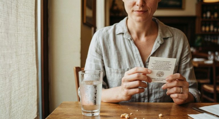 Mladá žena v lněné košili sedí v prosluněné italské kavárně a v rukou drží tištěnou gluten free mezinárodní kartičku.