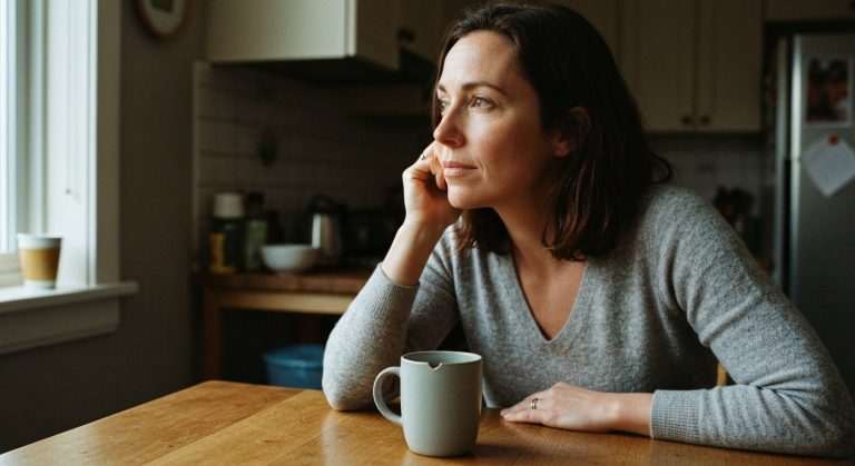 Mladá žena sedí zamyšleně u dřevěného stolu s hrnkem kávy v měkkém ranním světle u okna.