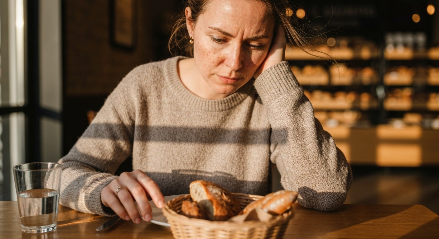 Zamyšlená žena v kavárně hledící na košík s pečivem, zachycená v teplém odpoledním světle.