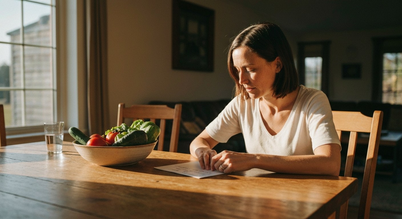 Žena sedící u stolu a plánující bezlepkový jídelníček během teplého odpoledního světla.