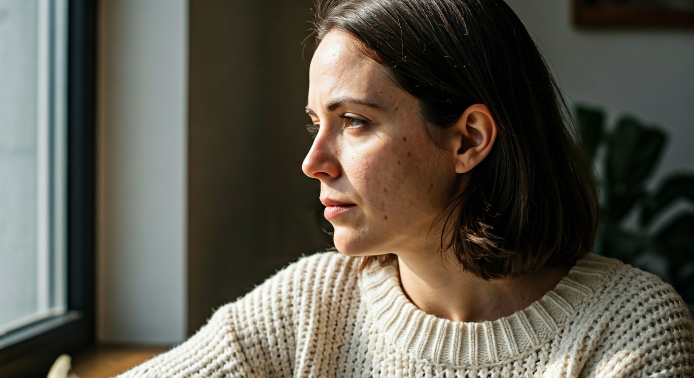 Diagnostika a život s celiakií Mladá žena v pleteném svetru zamyšleně hledí z okna v prosvětleném moderním obývacím pokoji.