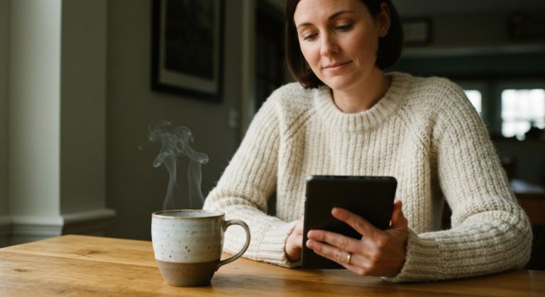 Žena v pleteném svetru sedí u stolu s hrnkem čaje a s úlevou se dívá na obrazovku tabletu v prosluněném pokoji.