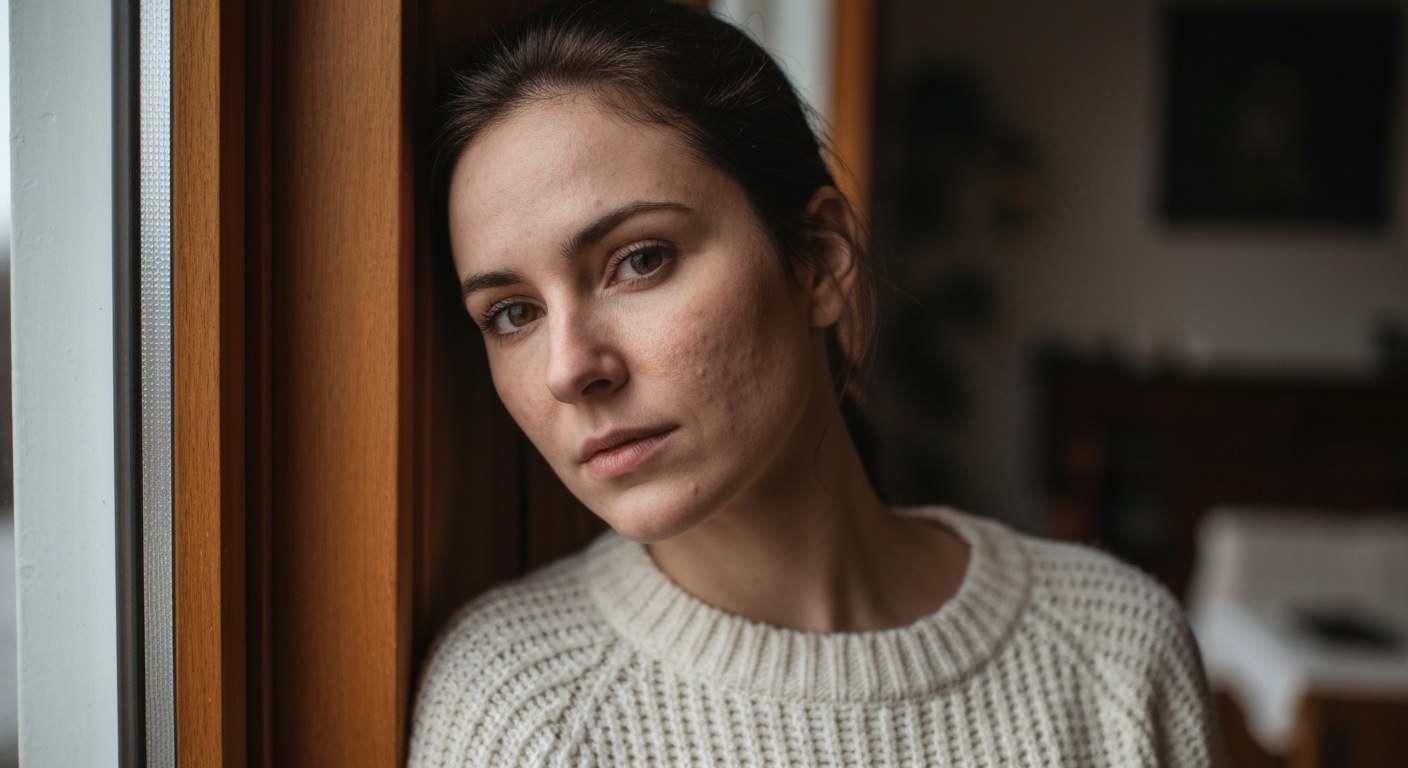 Žena hledající odpovědi na zdravotní potíže Portrét mladé ženy ve světlém svetru opírající se o okno s měkkým denním světlem dopadajícím na tvář.