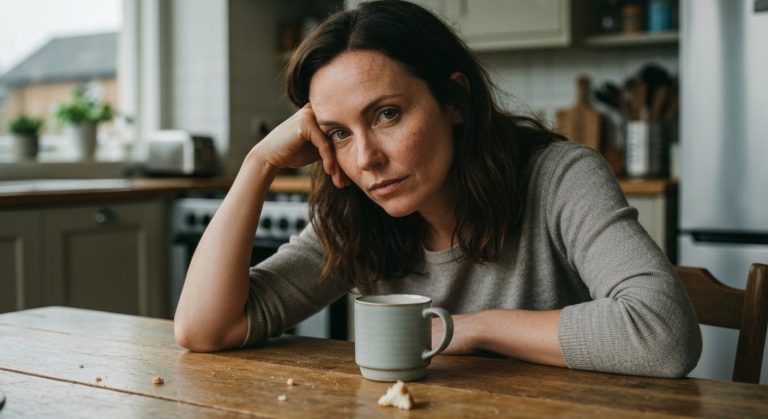 Unavená žena středního věku sedí u dřevěného stolu v kuchyni s hrnkem čaje v měkkém denním světle.
