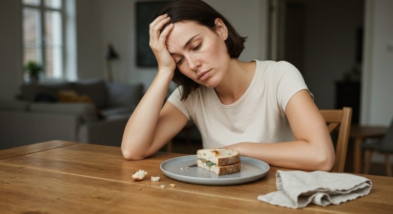 Bezlepková dieta bez celiakie: Průvodce, mýty a rizika (2026) 3 Unavená žena sedící u dřevěného stolu s talířem pečiva, vyjadřující pocit vyčerpání a mozkové mlhy.