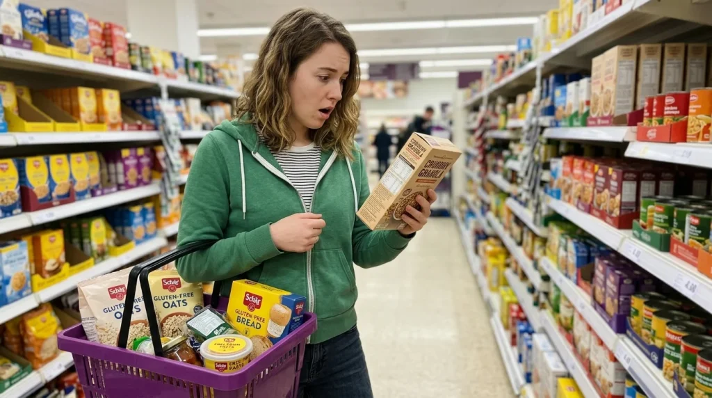 Nákupní košík plný přirozeně bezlepkových potravin a produktů s přeškrtnutým klasem