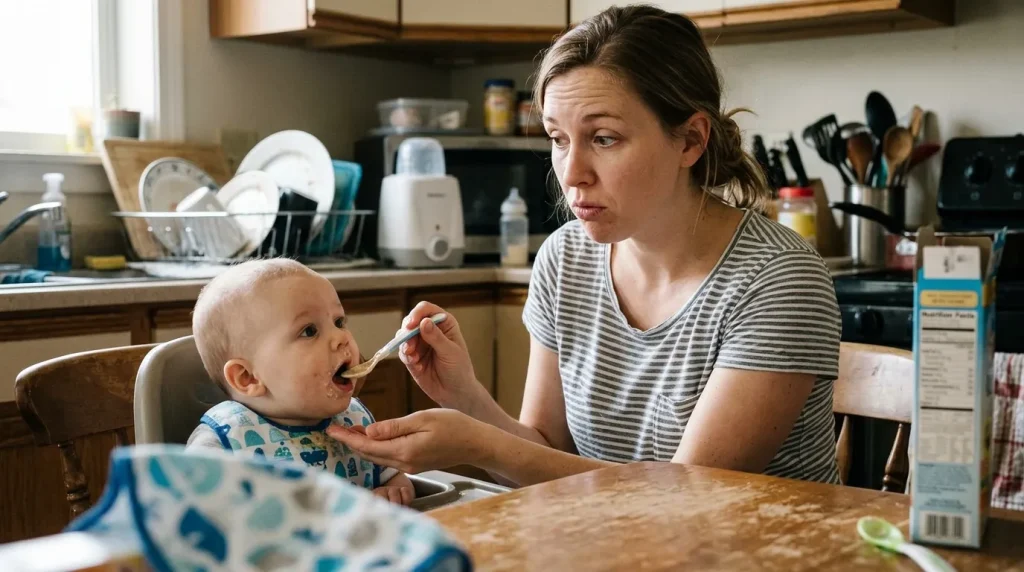 Maminka s úsměvem krmí malé miminko první kaší s lepkem